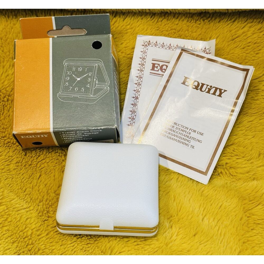 EQUITY Travel Alarm Clock Fold Up Style in Case - Works New Vintage White Gold